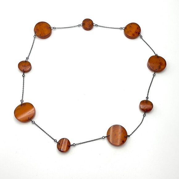 Vintage 1950s Amber Lucite Disc Necklace — Blackened Chain — MCM — EUC - Picture 2 of 4